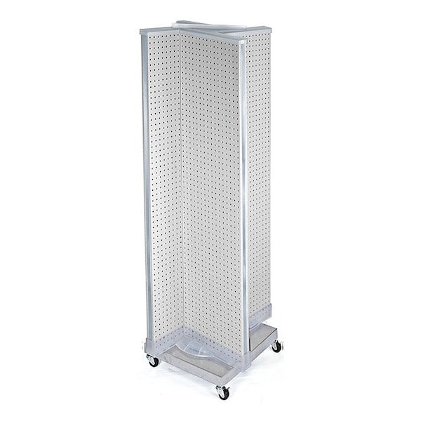Pinwheel Pegboard Floor Display on Revolving Wheeled Base. Spinner Rack Stand.
